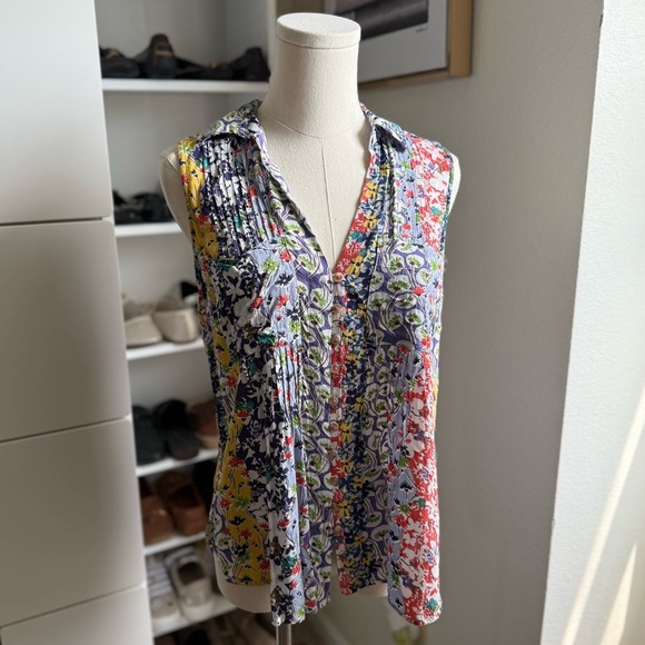 Anthropologie Maeve Colorful Whimsical Pintucked Sleeveless Blouse Size Small - Picture 5 of 11